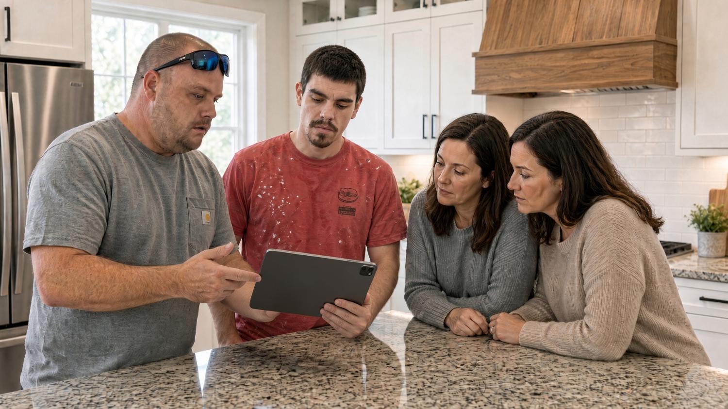 TnT Wave crew reviewing a tablet with homeowners at a kitchen island
