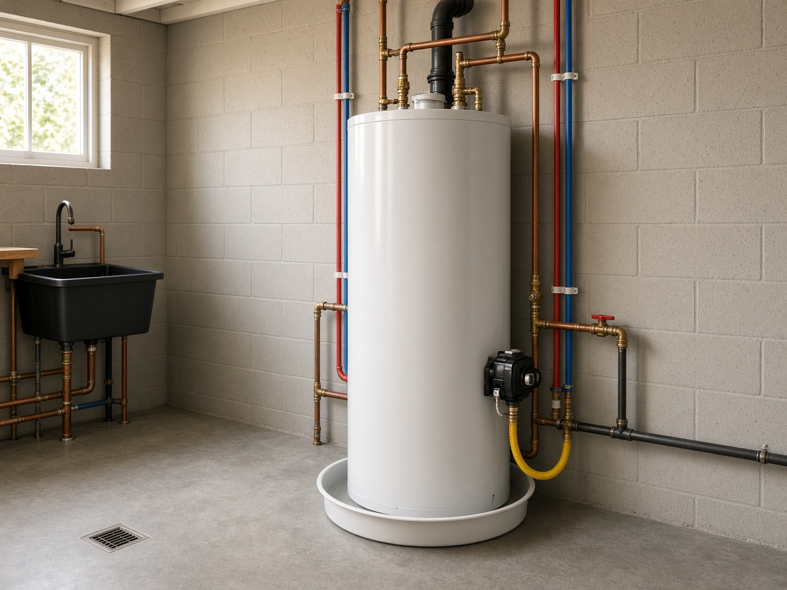 New 40-gallon hot water tank installed in a clean utility room